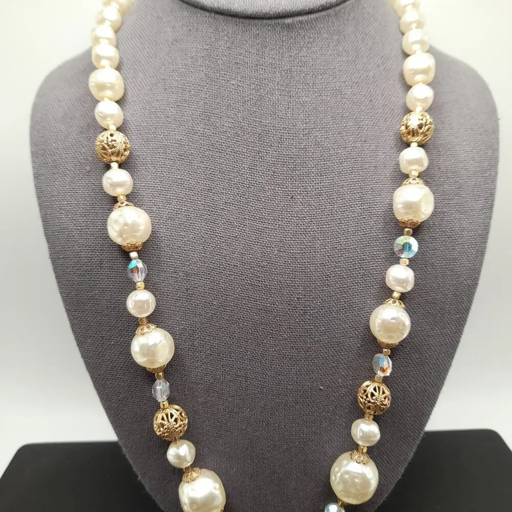 Vintage Faux Pearl Tassel Necklace, Aurora Borealis Crystals, 26